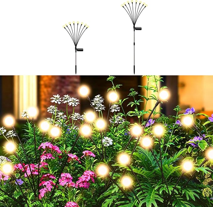 Solar Firefly Lights Warm White, 8 Modes 800mAh Swaying Firefly Yard Lights Solar Powered Outdoor Waterproof for Outside Yard Patio Lawn Pathway Walkway Stake Christmas Garden Decor (2 Pack)