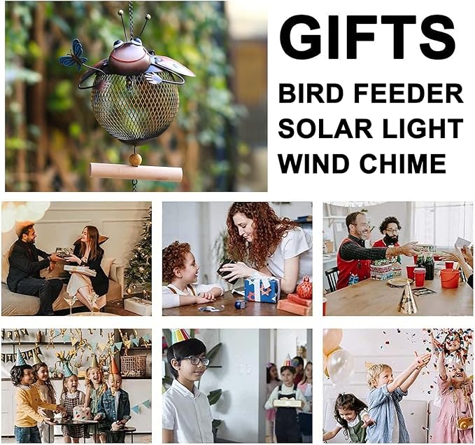 Solar Ladybug Wild Bird Feeders Squirrel Proof for Outside - Unique Cute Metal Ladybug Bird Feeder with Solar Light, Wind Chime, Gift for Bird Lovers(Ladybug)