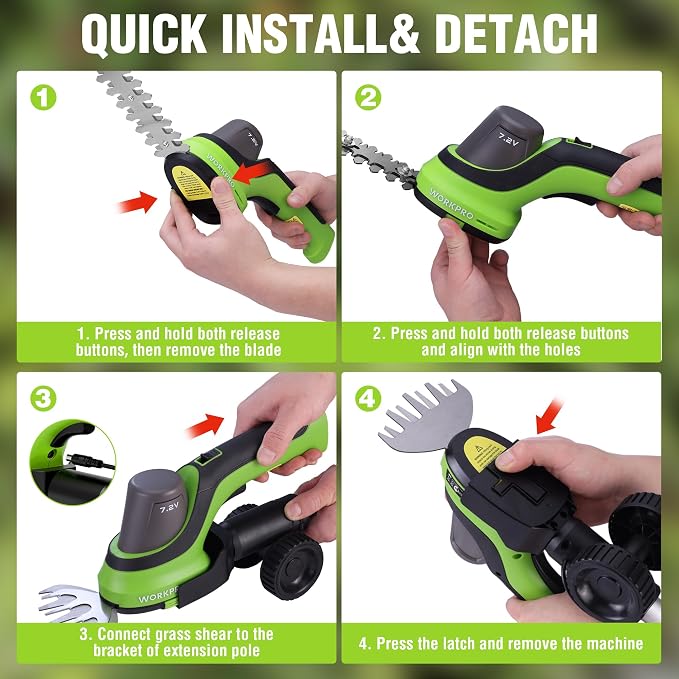 WORKPRO 7.2V Handheld Grass Trimmer, 2-in-1 Cordless Hedge Trimmer & Grass Shears with 44.5” Wheeled Extension Pole, 2Ah Battery, Shrub Trimmer for Lawn Edging, Garden, Yard & Hedge Trimming