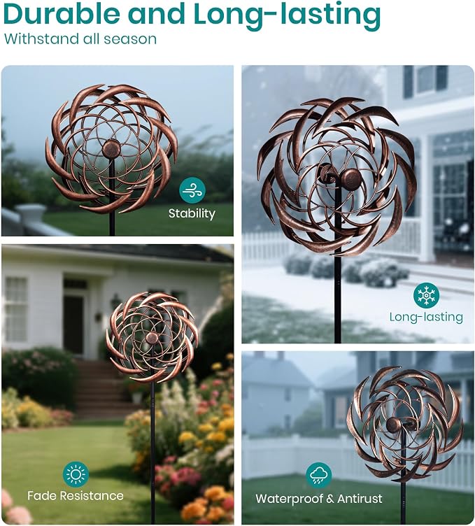 63" Copper Wind Spinner Metal Bronze Antique Clockwork Garden Yard | Antique Garden Art, Rustproof bronze sundial spinner, Whisper-quiet dual-bearing kinetic motion, Stable 5-prong stake