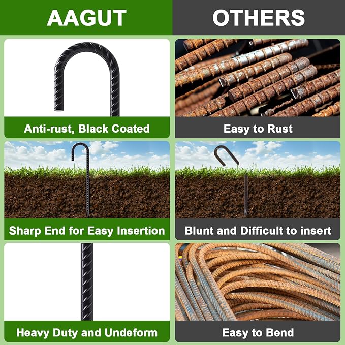 AAGUT Rebar Stakes 16 Inch J Hook Heavy Duty 16 Pack, 3/8 Inch Black Coated Metal Steel Ground Anchors Chain Link Fence Stakes for Camping Tent, Inflatables, Yard Decorations, Canopies & Swing Sets