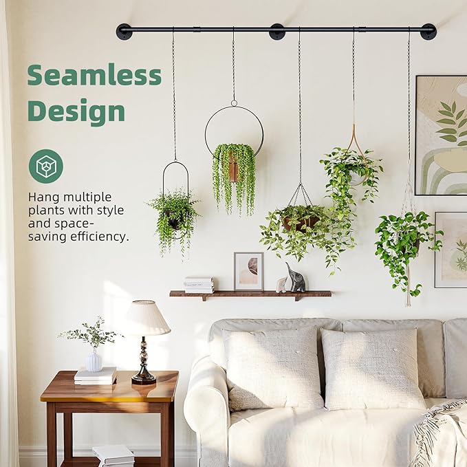 Galood Plant Hanger Indoor with 6 Hanging Chains Hanging Planters for Indoor Plants Hanging Plant Holder Window Plants Rod Black Metal Shelves(70.8 Inch Pot not Included