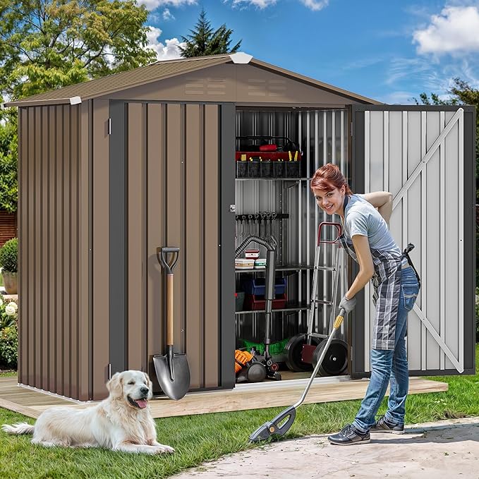 DWVO 6x4ft Small Tool Storage Shed, Lockable Doors, and Sloped Roof, Oversized Steel Outdoor Storage Shed for Garden, Patio, Garage, Backyard, Lawn - Brown