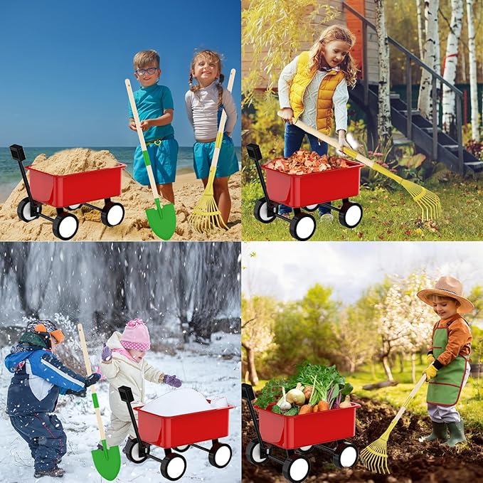 Qtioucp Kids Gardening Wheelbarrow Set, Metal & Wooden Garden Tools for Kids Ages 3-8, Real Wheelbarrows with Apron, Gloves & STEM Guide, Outdoor Backyard Garden Toy Gift