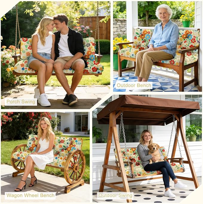Porch Swing Cushions 3 Seater Replacement Thicken 5" Waterproof & Fade Resistant Swing Cushions for Outdoor Furniture Bench Patio Swing Cushion with Backrest & Ties(Color Floral 60x40x5inch)