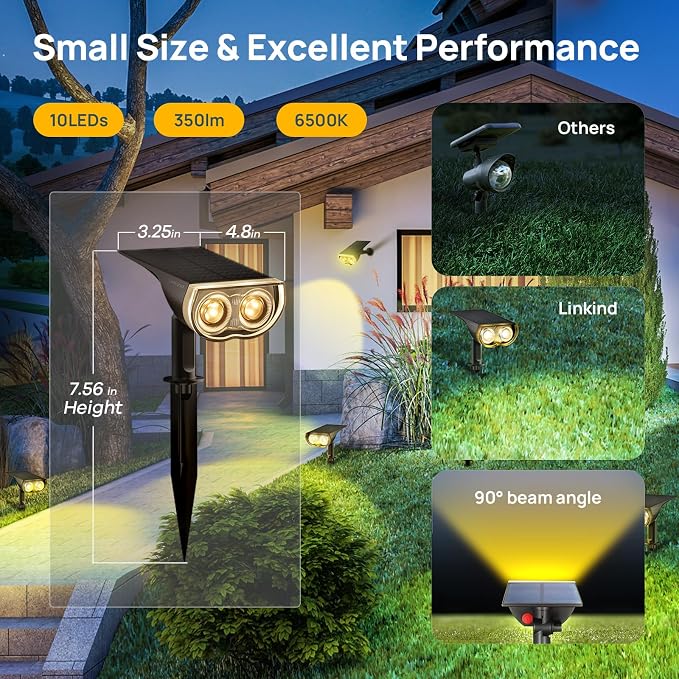 Linkind Solar Lights Outdoor StarRayS, Bright Solar Spot Lights Outdoor, IP65 Waterproof Spotlights for Landscape Garden Yard Walkway Patio Tree（Warm White, 6 Pack）