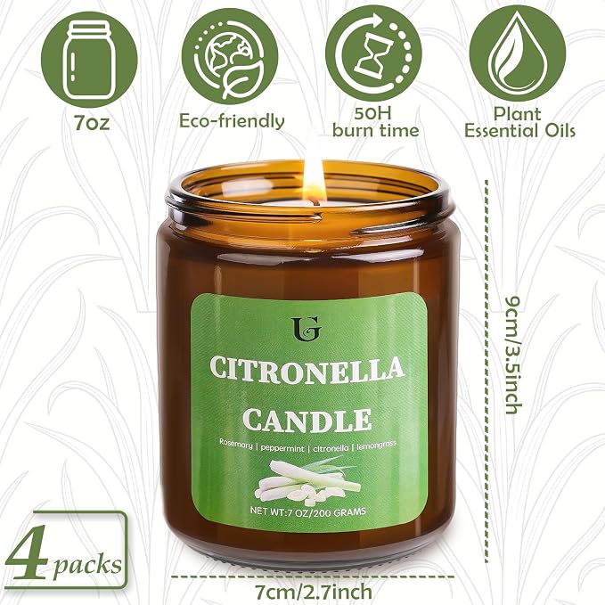 4 Packs Citronella Candles Outdoor, Natural Soy Wax Citronella Scented Jar Candle for Summer, 7oz Large Lemongrass Candle, 50 Hours Burn Time, Indoor and Outdoor Candles for Patio, Garden & Camping