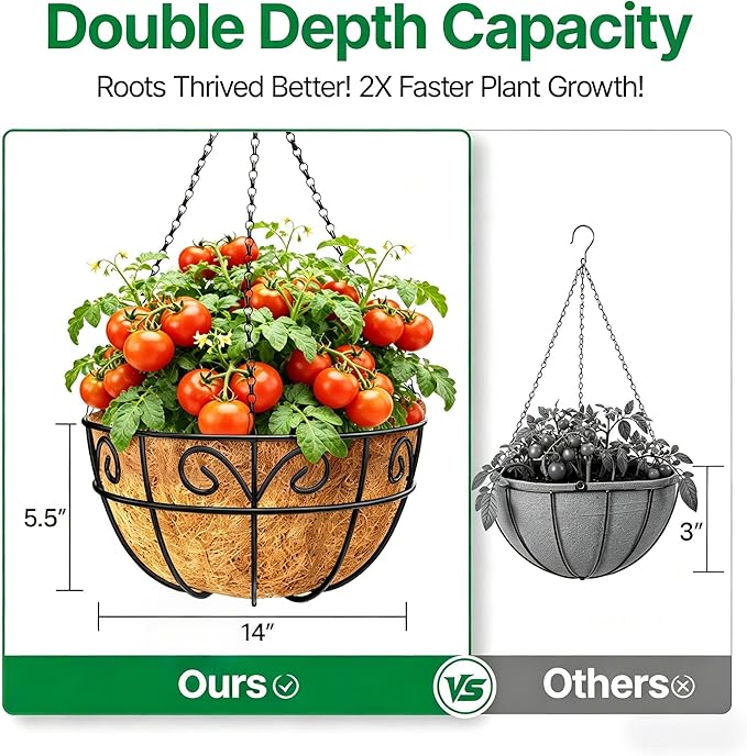 Amagabeli 4 Pack 14 Inch Metal Hanging Baskets Planter Outdoor Round Wire Hanging Basket for Plants with Coco Fiber Liners Chain Plant Holder for Garden Patio Deck Porch Plants Vegetables Flower Pots