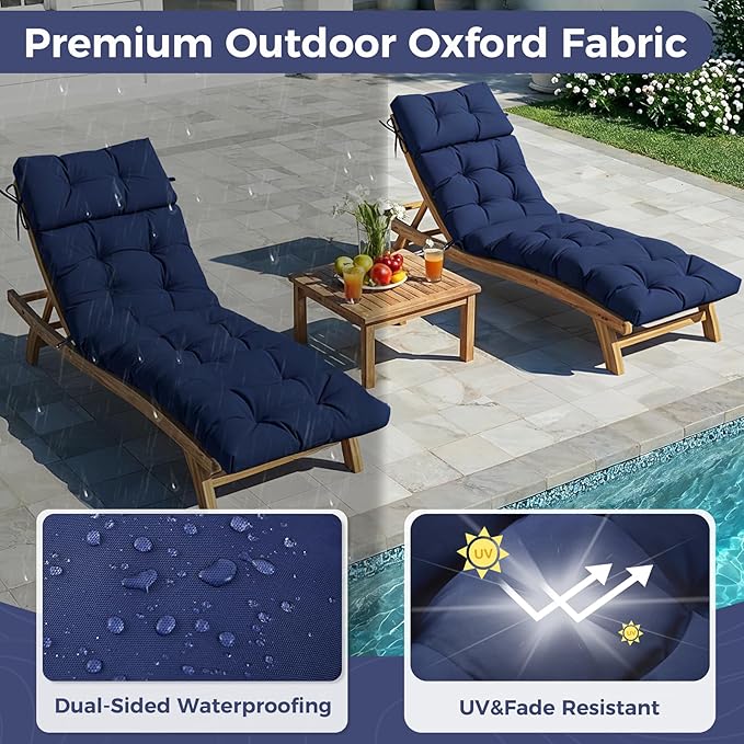 Outdoor Chaise Lounge Cushions 75.1x22.8x4.7 Inch, Waterproof Lounge Chair Cushions for Pool, Patio, Deck, Lawn, Fade Resistant Lounge Cushions for Outdoor Furniture with Ties, Navy Blue