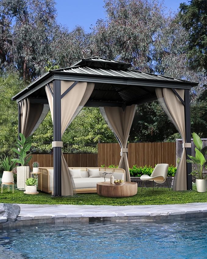 12x12 FT Hardtop Gazebo with Galvanized Steel Double Roof, Heavy-Duty Aluminum Frame Outdoor Gazebo Canopy with Mosquito Netting & Waterproof Curtains for Patio, Backyard, Deck & Lawn