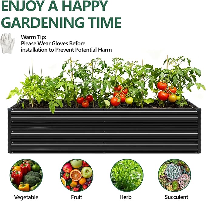 Vengarus 12x4x2FT Galvanized Raised Garden Bed Kit, Deep Root Planter Box Outdoor Large Planter Raised Beds for Planting Flowers,Vegetables and Herbs-Black