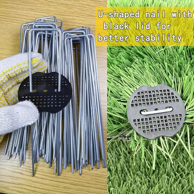 200Pcs Landscape Staples with 200 Gasket with 1Pick Hook, 6 Inch Heavy Duty Garden Stakes 11 Gauge U Shaped Galvanized Lawn Pins for Weed Barrier Fabric