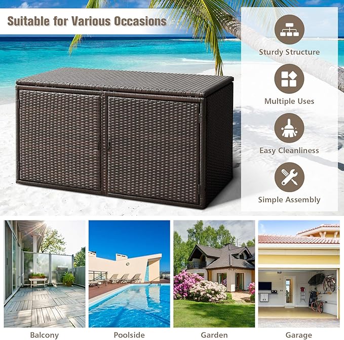 RELAX4LIFE PE Wicker Storage Box - Outdoor 88 Gallon 2-Tier Deck Box for Patio Furniture Toys Storage w/Lid & Front Doors, All Weather Rattan Storage Bin for Backyard Garden Poolside Porch (Brown)