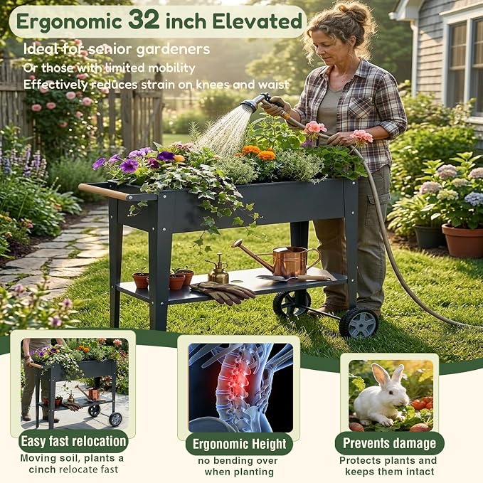 Raised Garden Bed Outdoor with Wheels, Leg and Wooden Handle, 36.2x13.4x32.3in, 400lb Cap, Metal Elevated Raised Planter Box for Herb, Vegetable, Perfect for Backyard, Balcony, Light Black