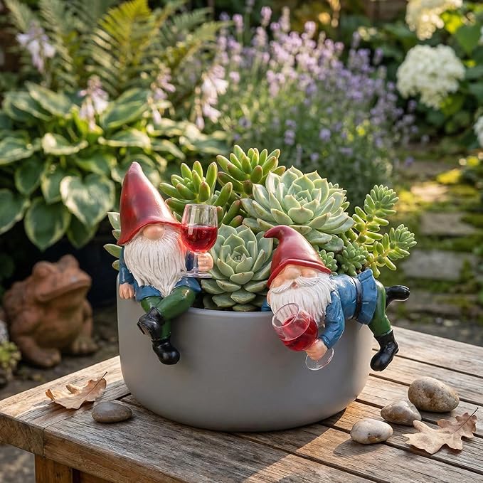 LCCCK Mini Garden Gnomes Set of 2 Resin Gnome Figurines with Dangling Legs Outdoor Gnomes Decorations for Yard Flower Pot Hanger Whimsical Gnome Decor for Home Patio Fairy Statues Accessories