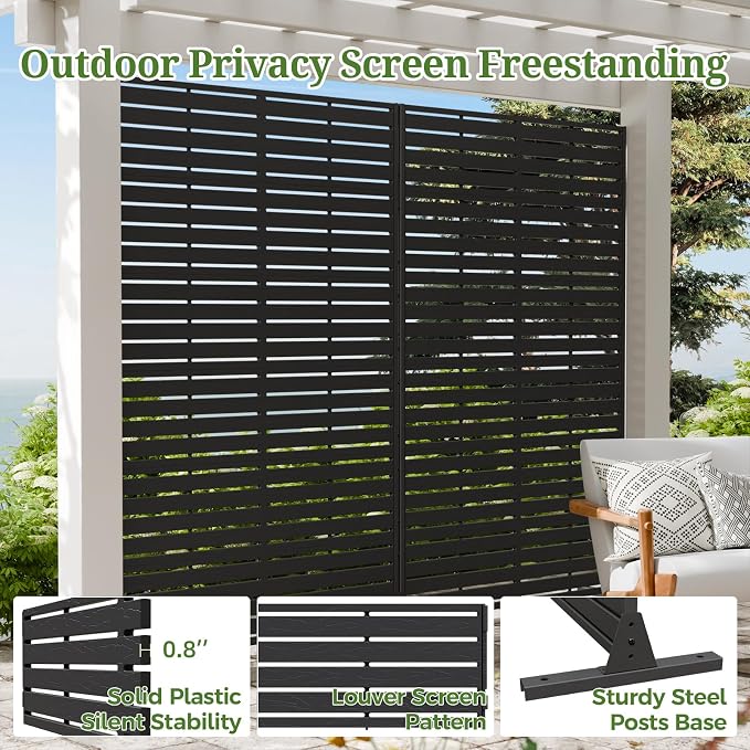Privacy Screen Outdoor 72" H×47" W Freestanding Privacy Panel with Stand, HDPE Decorative Privacy Fence with Louver Pattern, Patio Divider Screen, Privacy Screens for Outside