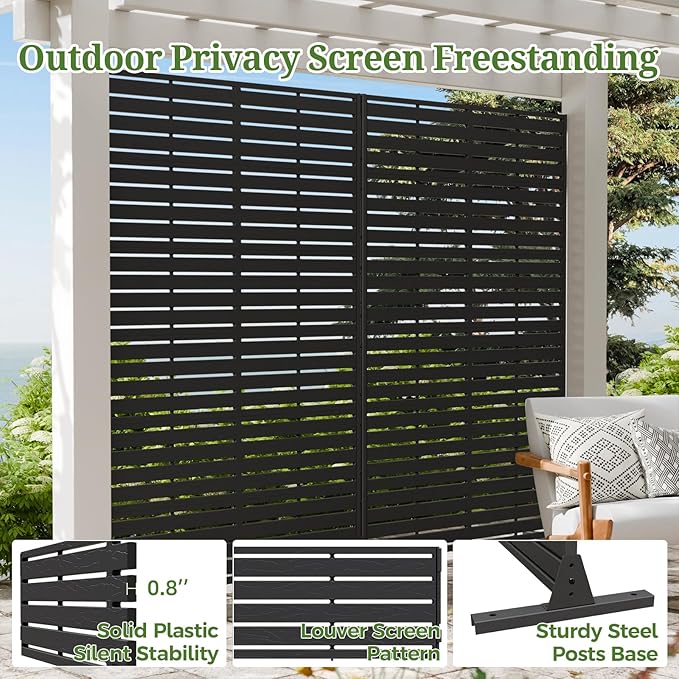 Privacy Screen Outdoor 72" H×47" W Freestanding Privacy Panel with Stand, HDPE Decorative Privacy Fence with Louver Pattern, Patio Divider Screen, Privacy Screens for Outside
