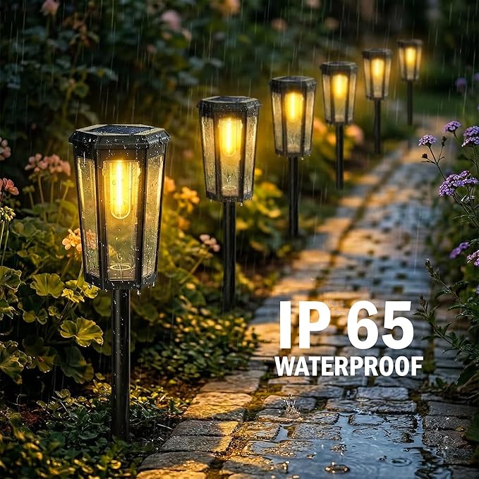 KINKAI Solar Pathway Lights Outdoor - 6 Pack Taller Garden Lights Bright LED Driveway Light Solar Powered Edison Bulb Landscape Lighting for Outside Walkway Patio Sidewalk Yard (Warm Light)