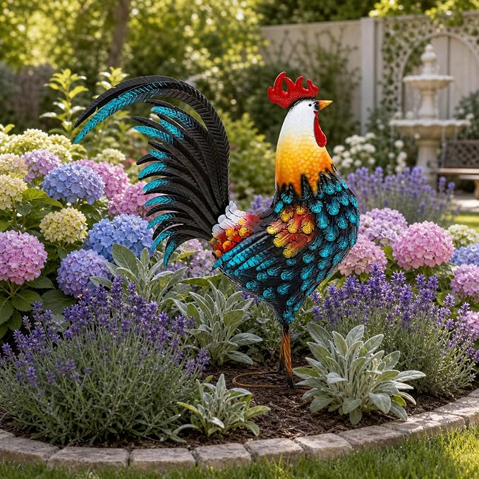32" Metal Rooster Yard Decor, Large Outdoor Garden Statue | Outdoor Chicken Sculpture, 3D Hand-Painted, Rustic Farmhouse Style, Weather Resistant Iron, Backyard Patio Lawn Garden
