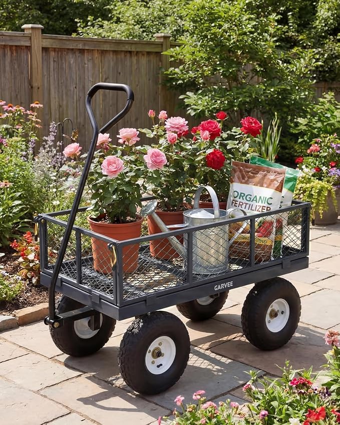 Garvee Versatile Outdoor Utility Cart - 400LBS Heavy-Duty, 10" All-Terrain Pneumatic Tires, Easy Maneuverable Lawn Cart with Removable Mesh Panels for Gardening & Landscaping, Grey