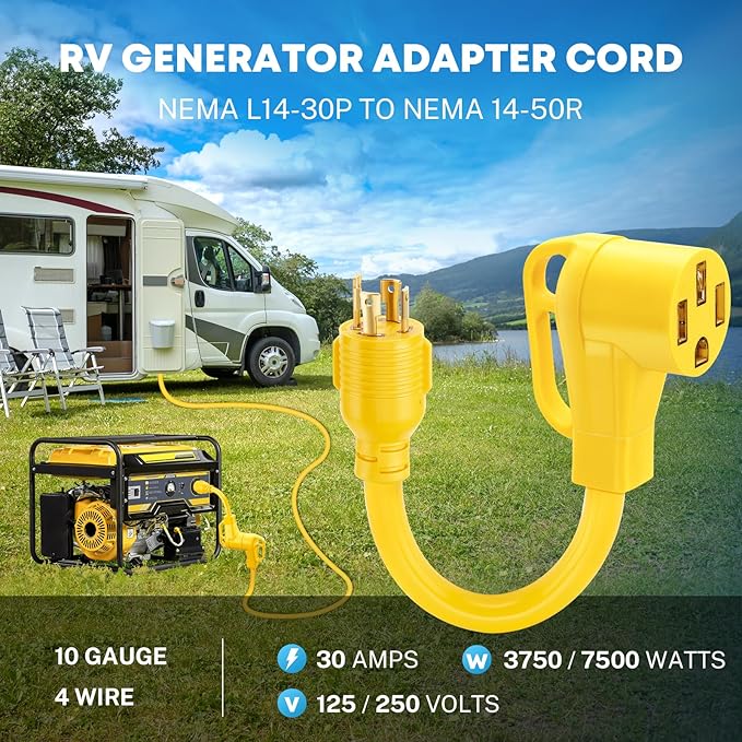 Kohree 4 Prong 30 Amp to 50 Amp RV Generator Adapter Cord, NEMA L14-30P to 14-50R Twist Lock Adapter, NEMA L14-30P Twist Lock Plug to 14-50R Receptacle, STW 10 AWG 12", RV Adapter for Trailer Camper