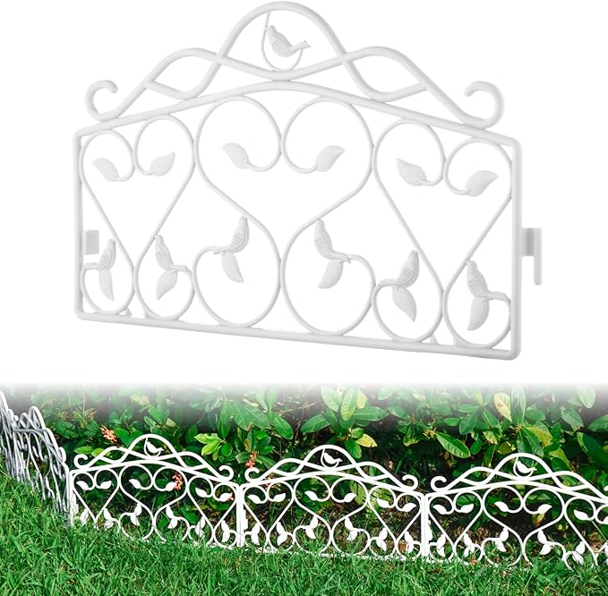 Evelyne Decorative Garden Border Plastic Edging – PP Plastic, Short Metal-Free Faux Wrought Iron Leaf & Bird Design, 16pcs Yard Landscaping Fence Liner Lawn Edge Barrier, 20ft Kit of Decorative Panels