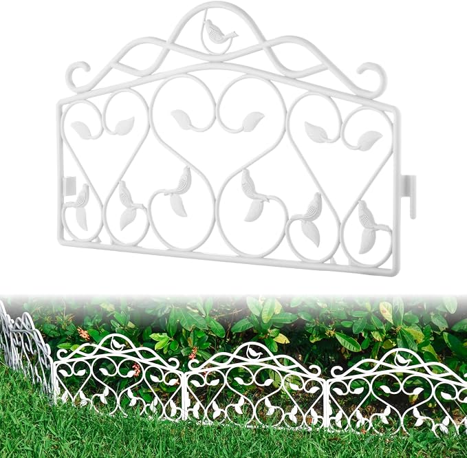 Evelyne Decorative Garden Border Plastic Edging – PP Plastic, Short Metal-Free Faux Wrought Iron Leaf & Bird Design, 8pcs Yard Landscaping Fence Liner Lawn Edge Barrier, 10ft Kit of Decorative Panels