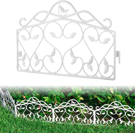Evelyne Decorative Garden Border Plastic Edging – PP Plastic, Short Metal-Free Faux Wrought Iron Leaf & Bird Design, 8pcs Yard Landscaping Fence Liner Lawn Edge Barrier, 10ft Kit of Decorative Panels