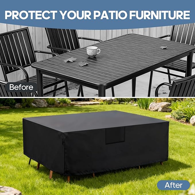 DUMOS Outdoor Furniture Cover, Rectangular Heavy Duty 600D UV Resistant & Waterproof Patio Furniture Covers for Deck Table and Chairs, Backyard Patio Dining Sets, 108"L x 82"W x 28"H, Black