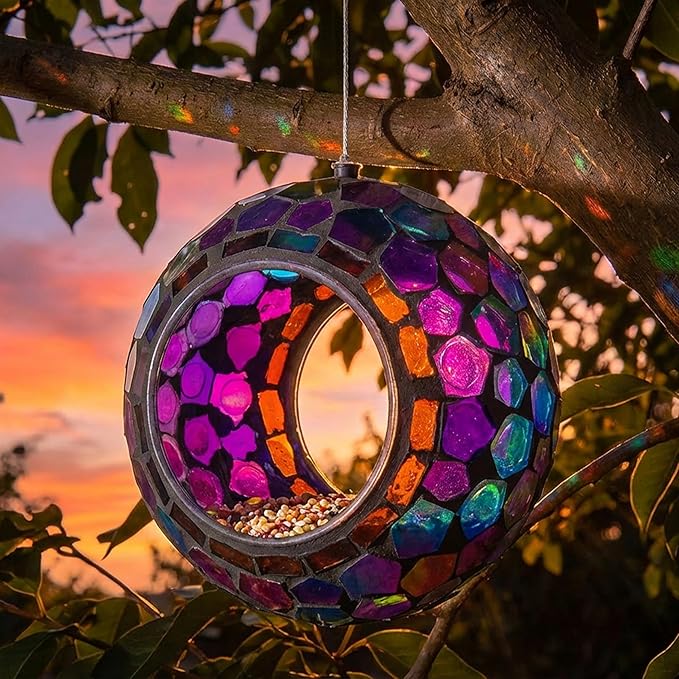 Sunnydaze 6-Inch Glass Mosaic Hanging Bird Feeder for Outdoors - Fly-Through Glass Bird Feeder for Cardinals, Jays, Finches and More - Iridescent Purple Mosaic