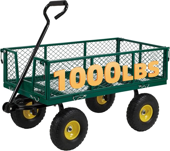 Finnhomy Heavy Duty 1000 Lbs Capacity Mesh Steel Garden Cart, Pullable Garden Wagons Carts on Wheels, Folding Utility Wagon with Removable Sides for Outdoor, Yard, Lawn, Green