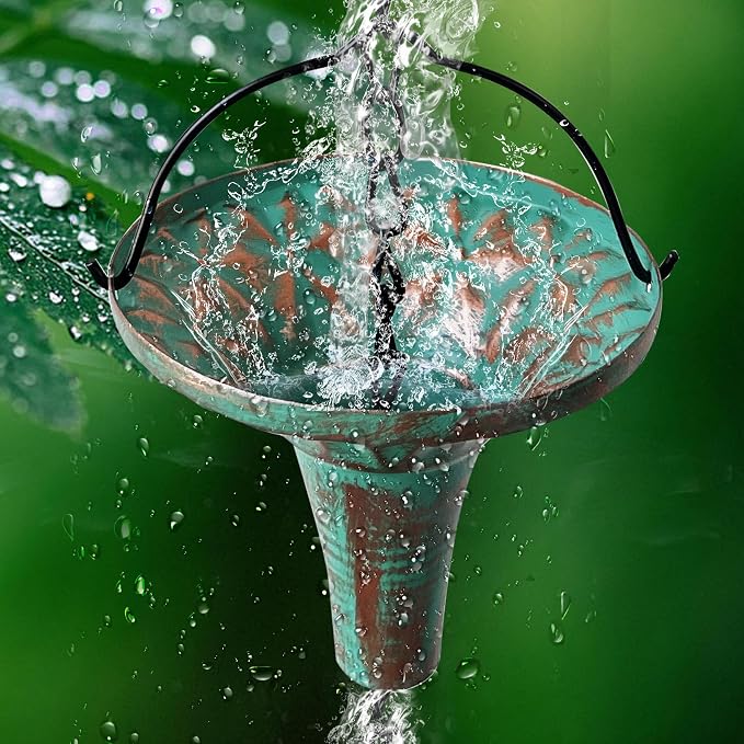 Patina Rain Chain for Gutters, 8.6 FT Decorative Water Chain with 12 Funnel Cups, Crystal Accent, Rust Resistant Outdoor Rain Chain for Garden & Porch
