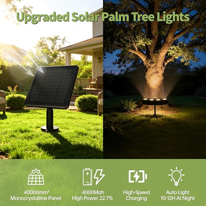 Sublume Solar Tree Lights Outdoor, Upgraded Landscape Lighting with 4000mAh Battery, Warm White LED Ring Palm Tree Lights, 3-in-1 (Stake/Tie/Hang), IP65 Waterproof Spotlights for Flag Pole, Garden