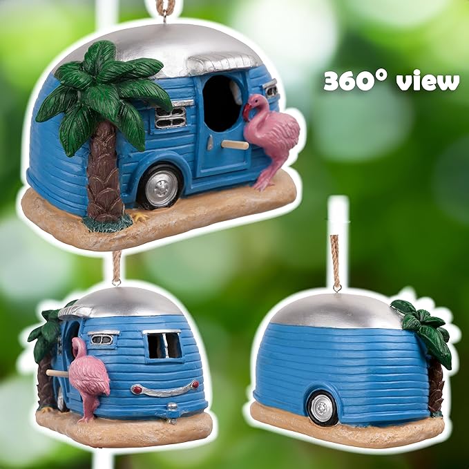 Bird Houses for Outside, Decorative Cute Resin Flamingo RV Hanging Bird House for Outdoor Patio Garden