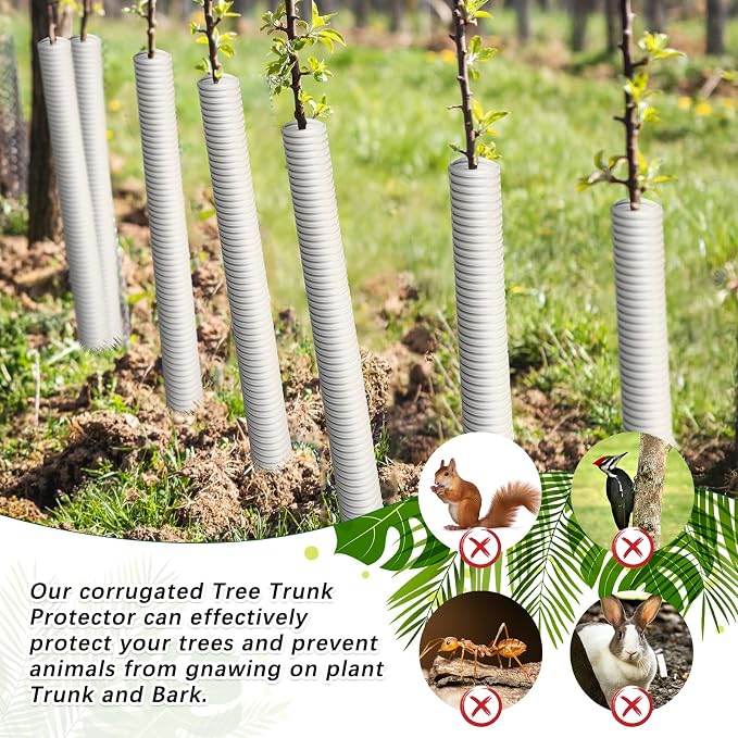 Nuenen 30 Pcs Corrugated Tree Guards, Long 15.75 Inch Diameter 1.96 Inch Pp Tree Trunk Protectors, Tree Bark Protector Tube Wraps for Saplings Plants Seedlings Deer Rabbit Cats Rodents Mowers (White)