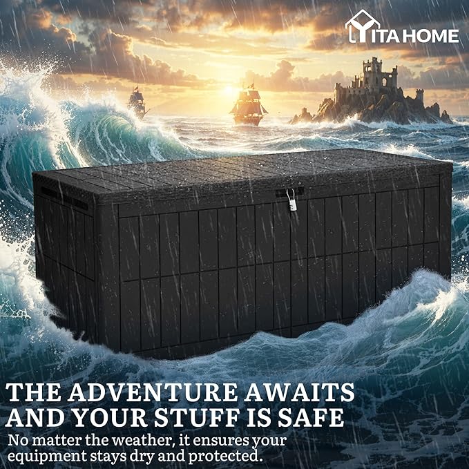 YITAHOME 240 Gallon Large Outdoor Storage Box XXL Resin Deck Box with Lock, Extra-Large Waterproof Patio Furniture Bin and 3-Person Bench Seating for Garden Tools & Pool Accessories, Black