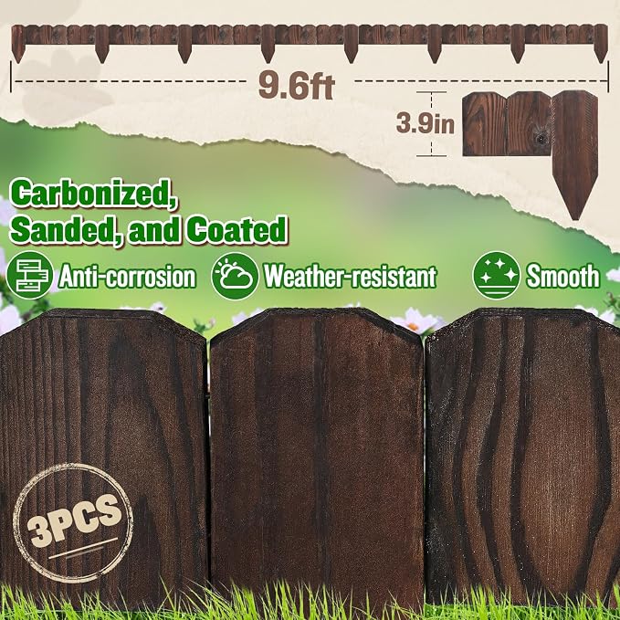 9.6ft L x 3.9in H Landscape Edging - 3 Packs Sturdy Anti-Corrosive Wood Garden Edging Border, Low-Profile Blends into Nature, for Yard Flower Bed Path Decorative Tree Fence