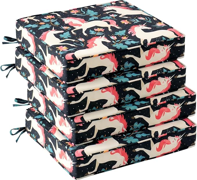 UNIKOME Outdoor Chair Cushions Set of 4, Water Resistant Patio Seat Cushions with Ties for Outdoor Furniture, High-Density Foam, UV & Fade Resistant, Piped Edge – 19" x 19" x 3", Unicorn