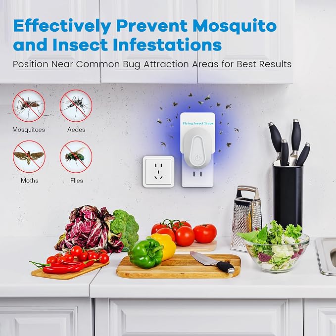 Indoor Fly Trap Fruit Fly and Gnat Trap with 2 Traps and 6 Sticky Refills Plug-in Device Flying Insect Catcher for Mosquitoes, Moths, and Household Flying Bugs (2, White)