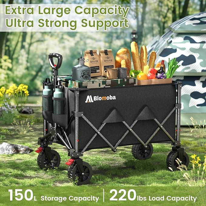 Blomoba Collapsible Wagon Cart, 220lbs Utility Grocery Shopping Cart, 150L Foldable Beach Wagon with Wider Wheels & Auto-Rebound Handle