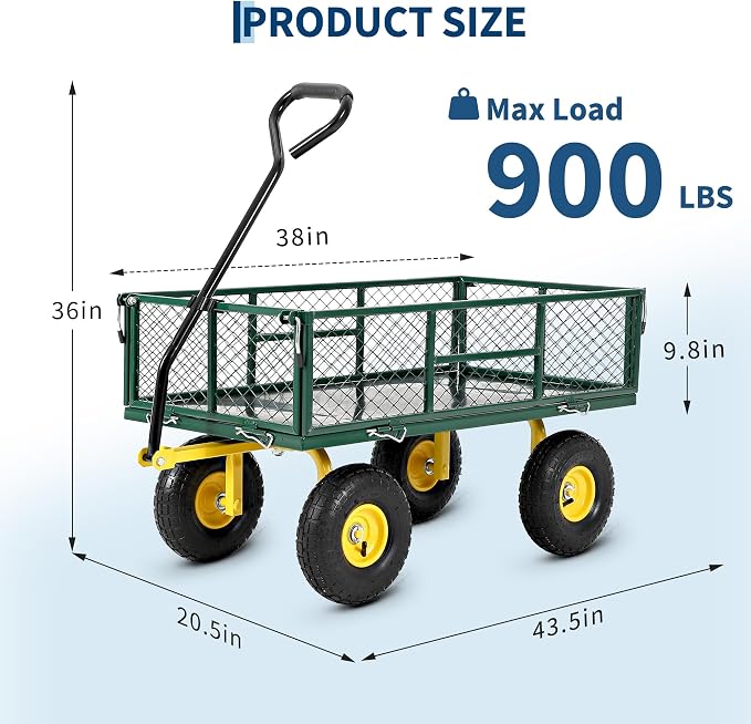 Garvee 900 LB Garden Cart with 10 in All Terrain Tires, 2-in-1 Wagon Cart with Removable Side Panels, Heavy Duty Metal Utility Garden Wagon for Outdoor Lawn, Yard, Backyard