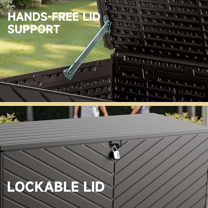 Deck Box, Waterproof Resin Outdoor Storage Box with Double-Layer Lockable Lid, UV-Resistant Storage for Patio, Pool, Garden & Backyard, 270 Gallon, Brown