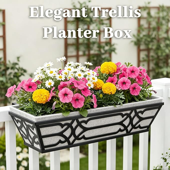 Window Planter Box, Railing Planter Box with Non-Woven Fabric Liners, 4 Pack 24" Hanging Flower Baskets for Outdoor Plants, Metal Deck Railing Planters with Adjustable Brackets, Apartment Balcony