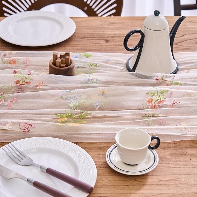 vctops 2 Packs Embroidery Lace Spring Table Runner 10ft Floral Garden Seasonal Tulle Table Runner Holiday Kitchen Dining Table Decoration for Wedding Party Baby Shower Birthday (Beige,30"x120")