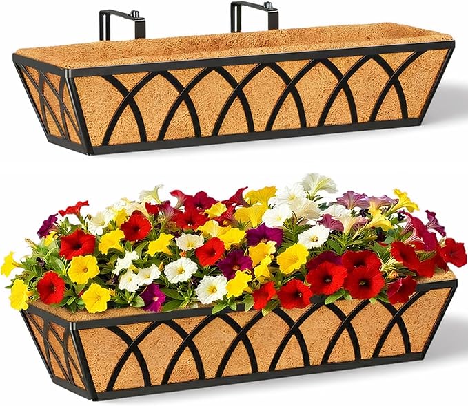24 Inch Railing Planter Box with Coco Liner, Adjustable Metal Window Box, Hanging Flower Planter Outdoor, for Balcony Deck Fence Garden, Black, Set of 2