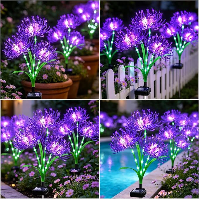 VOOKRY Solar Lights Outdoor, 4 Pack Purple Spider Lily Garden Flower Lights | 3Heads per Stem& Individual Solar Panels, Warm White LED Waterproof Yard Lawn Pathway Decor,Decorative Garden Gifts for Women