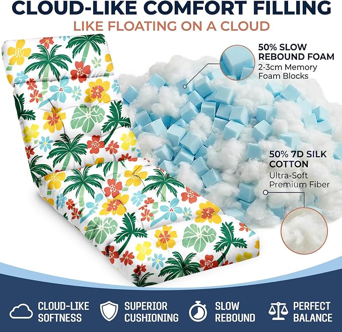 MAGIC ELEPHANT Chaise Lounge Cushion Outdoor, Memory Foam Patio Lounge Chair Cushion with Ties for Outdoor Furniture, 74 x 22 x 4 Inch (Hawaiian Palm Floral)