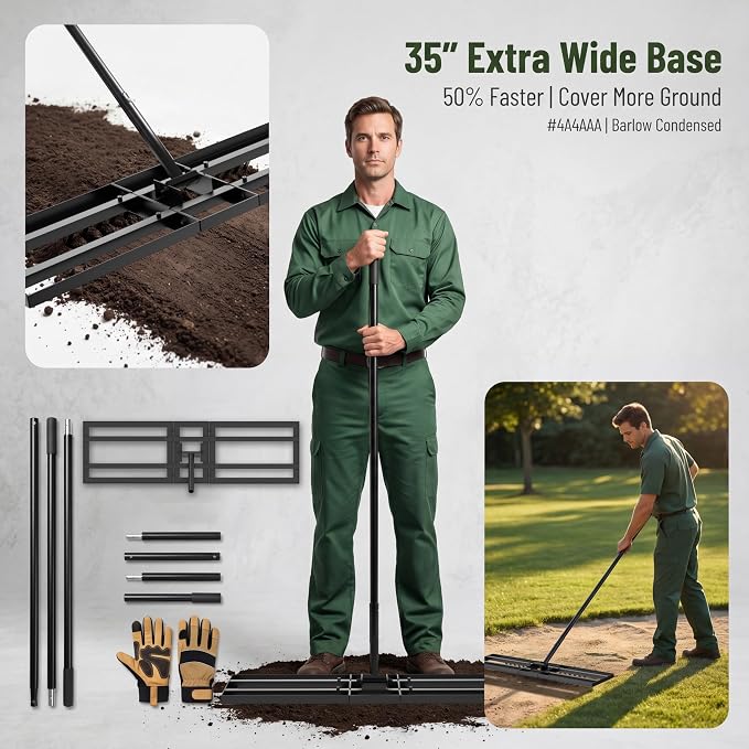 Lawn Leveling Rake - 35 x 10 Large Rake for Soil, Heavy Duty Yard Leveling Rake, 6.5FT Long Handle, 2mm Thickened Stainless Steel Lawn Leveler, Wide Ground Leveling Tool for Dirt and Sand, with Gloves
