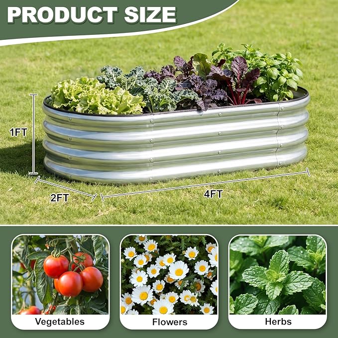 1MORE Galvanized Raised Garden Bed- Planter Garden Boxes Outdoor, Raised Beds for Gardening, 4x2x1ft Metal Garden Bed Kit for Vegetables Flower, Planter Raised Bed with Protective Tape & Tools.Silver
