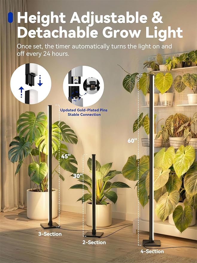 GLOWRIUM Grow Lights for Indoor Plants, 36W Vertical Plant Grow Lights with Auto-Timer, Full Spectrum LED Standing Plant Grow Light, 3 Light Modes, 6-Level Dimmable (60in)